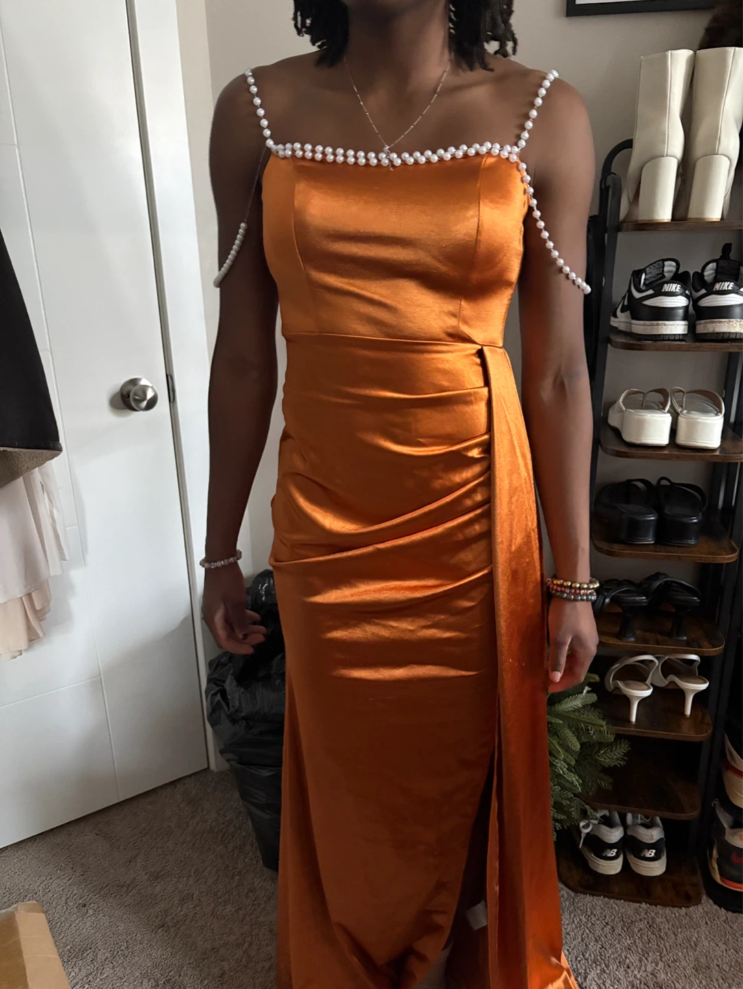 Orange Satin Gown with Pearl Straps - photo 2