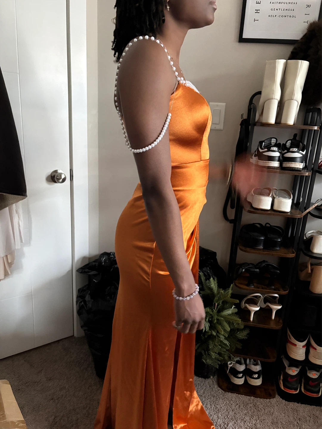 Orange Satin Gown with Pearl Straps - photo 3