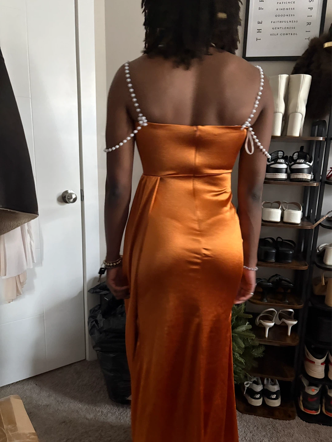 Orange Satin Gown with Pearl Straps