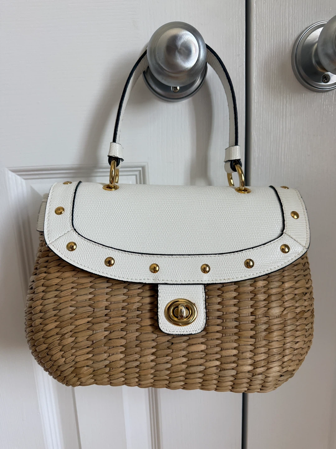 Straw and Faux Leather Handbag