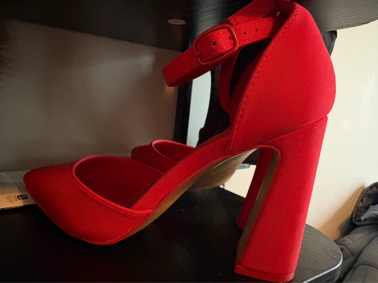 Red Block Heel Ankle Strap Pumps