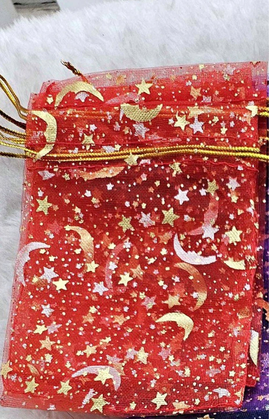 Red Drawstring Pouches with Gold Stars and Moons