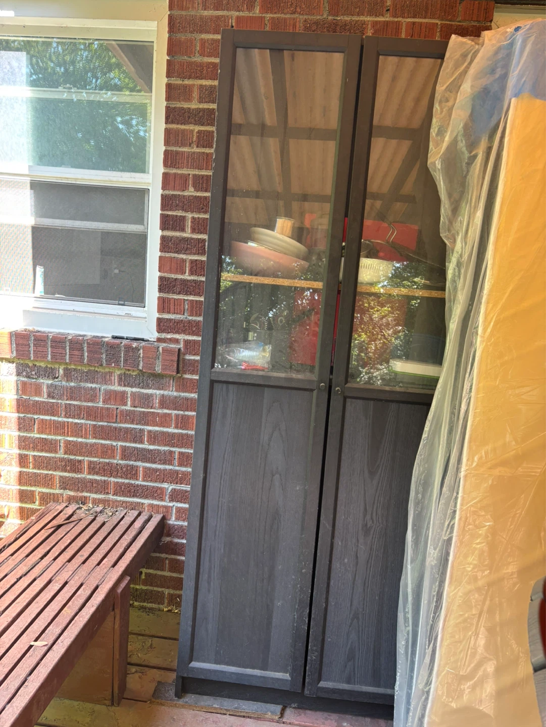Dark Wood Double Door Cabinet with Glass Doors