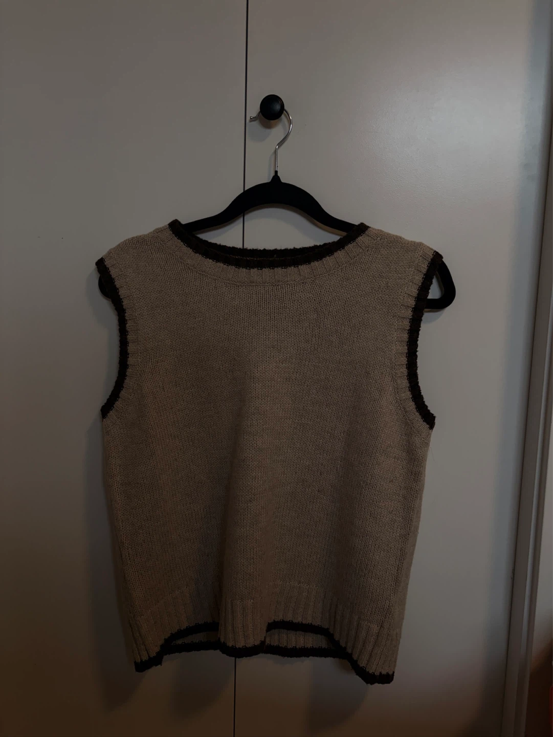 SHEIN Tan Knit Sweater Vest with Brown Trim