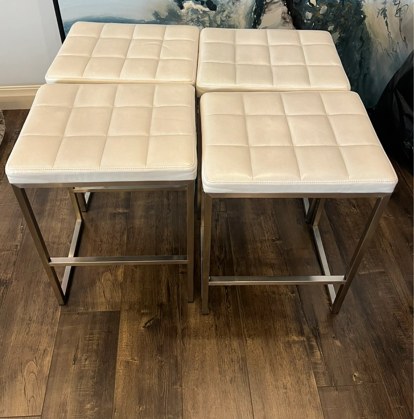 Set of 4 White Tufted Counter Stools