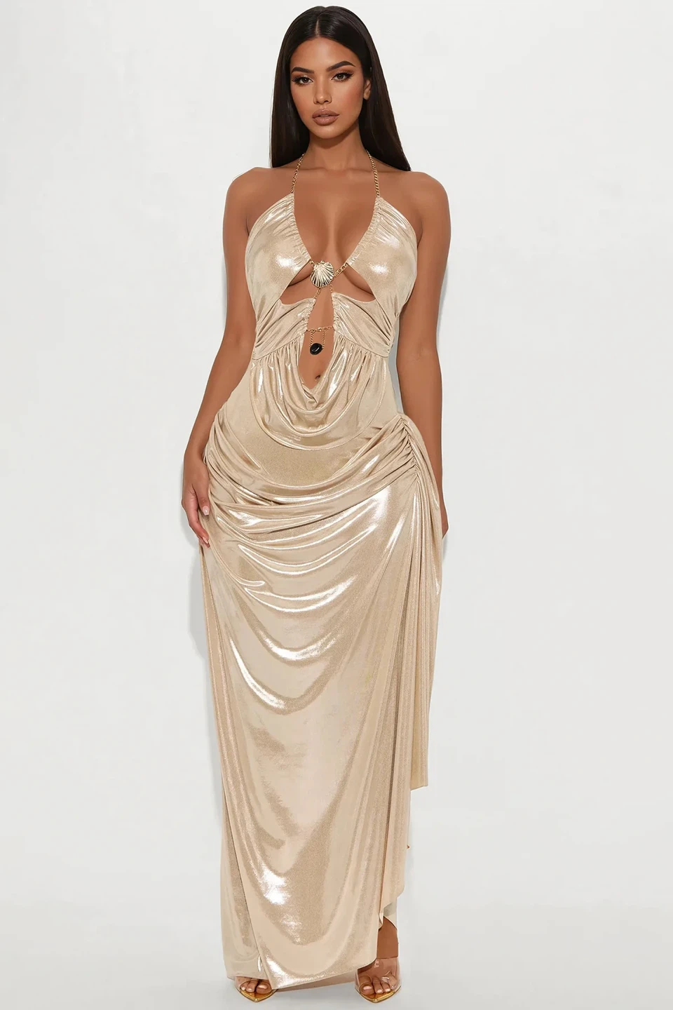 Fashion Nova Gold Metallic Halter Dress with Chain Detail