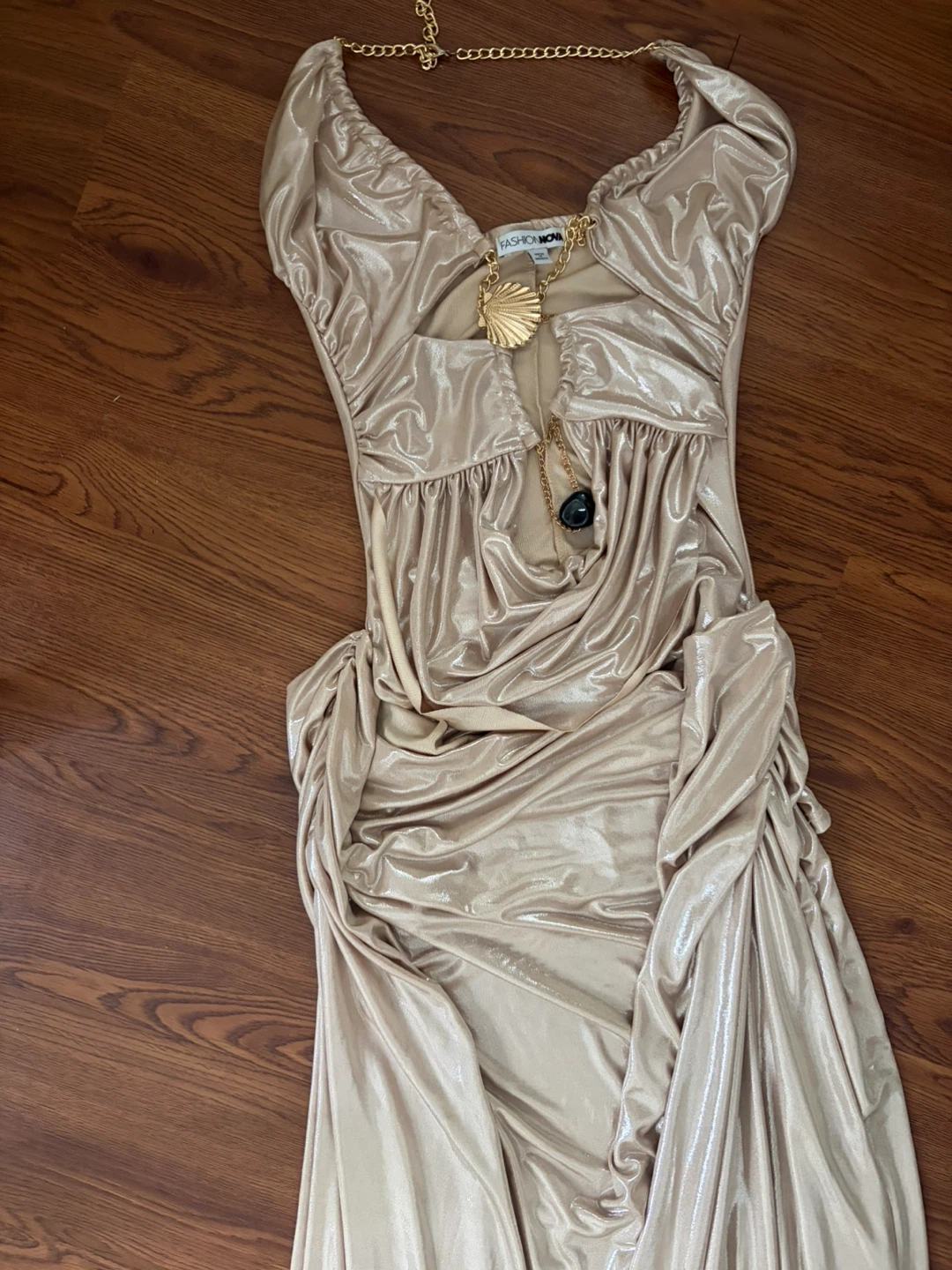 Fashion Nova Gold Metallic Halter Dress with Chain Detail - photo 3