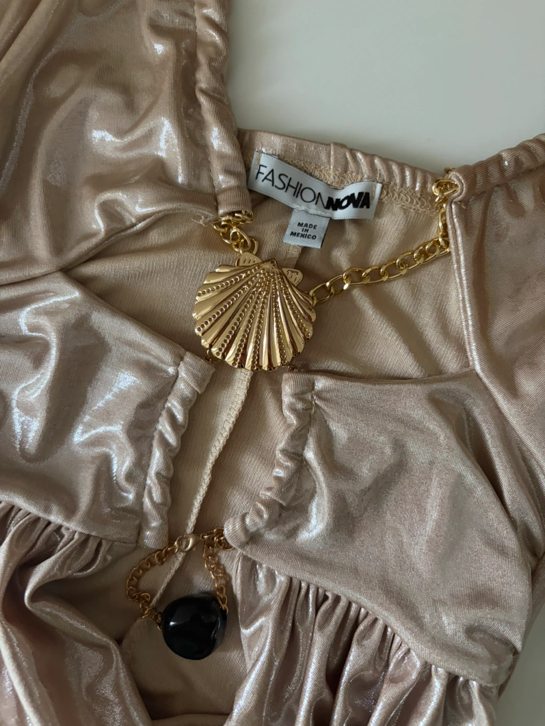 Fashion Nova Gold Metallic Halter Dress with Chain Detail - photo 2