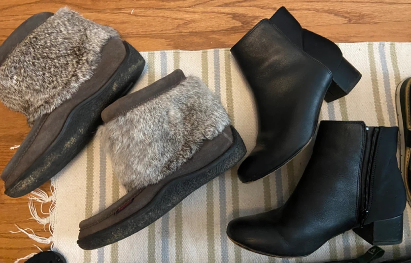 Brown Moccasin Boots with Fur Trim & Black Ankle Boots