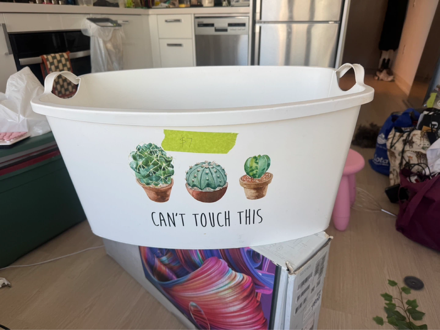 White Laundry Basket Bin with Cactus Design