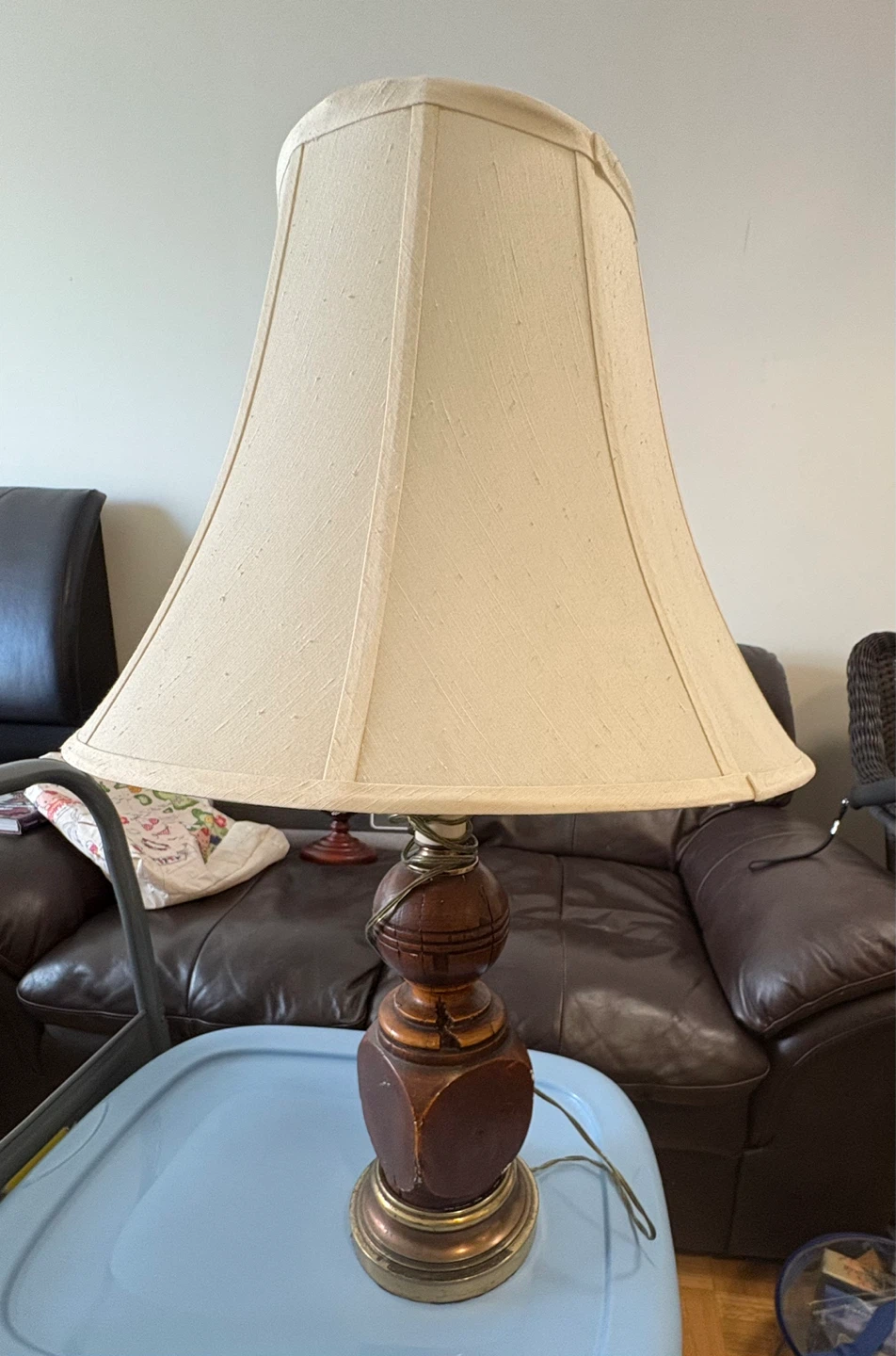 Vintage Wooden Table Lamp with Cream Shade