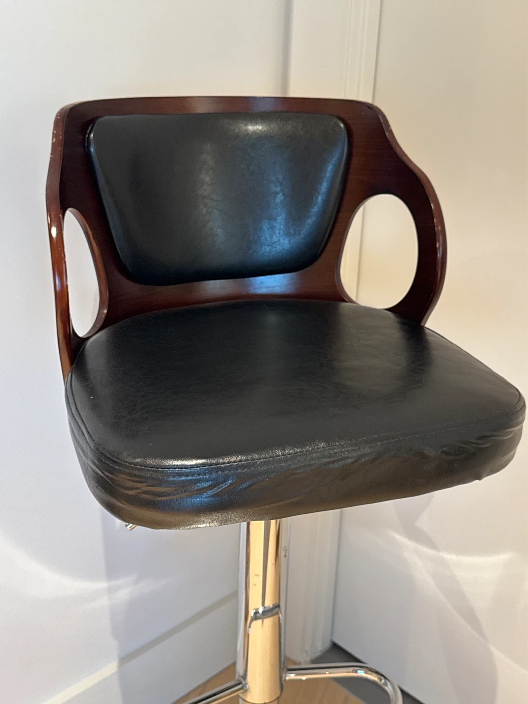 Adjustable Bar Stool - Black Faux Leather and Wood - photo 2