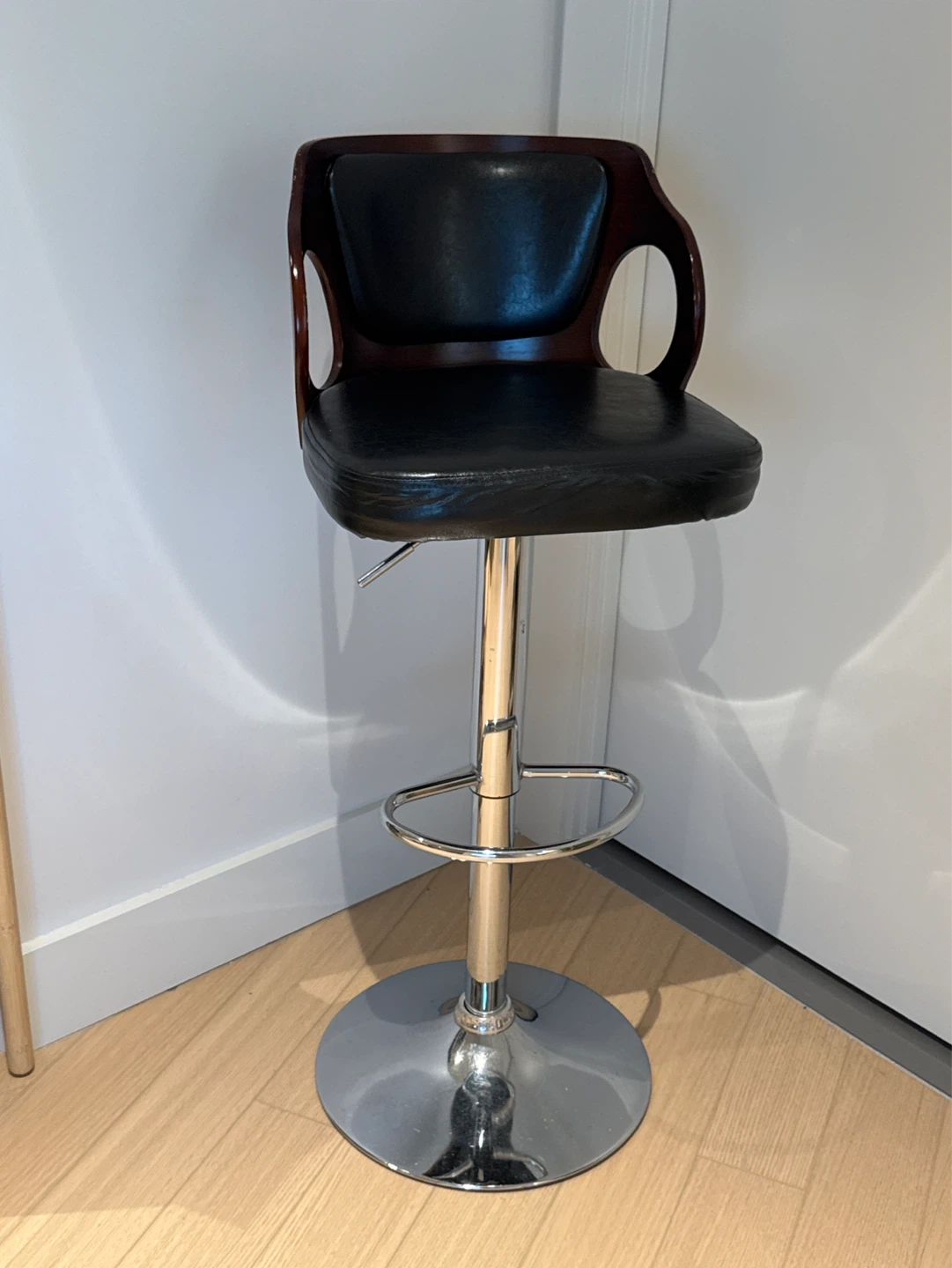 Adjustable Bar Stool - Black Faux Leather and Wood