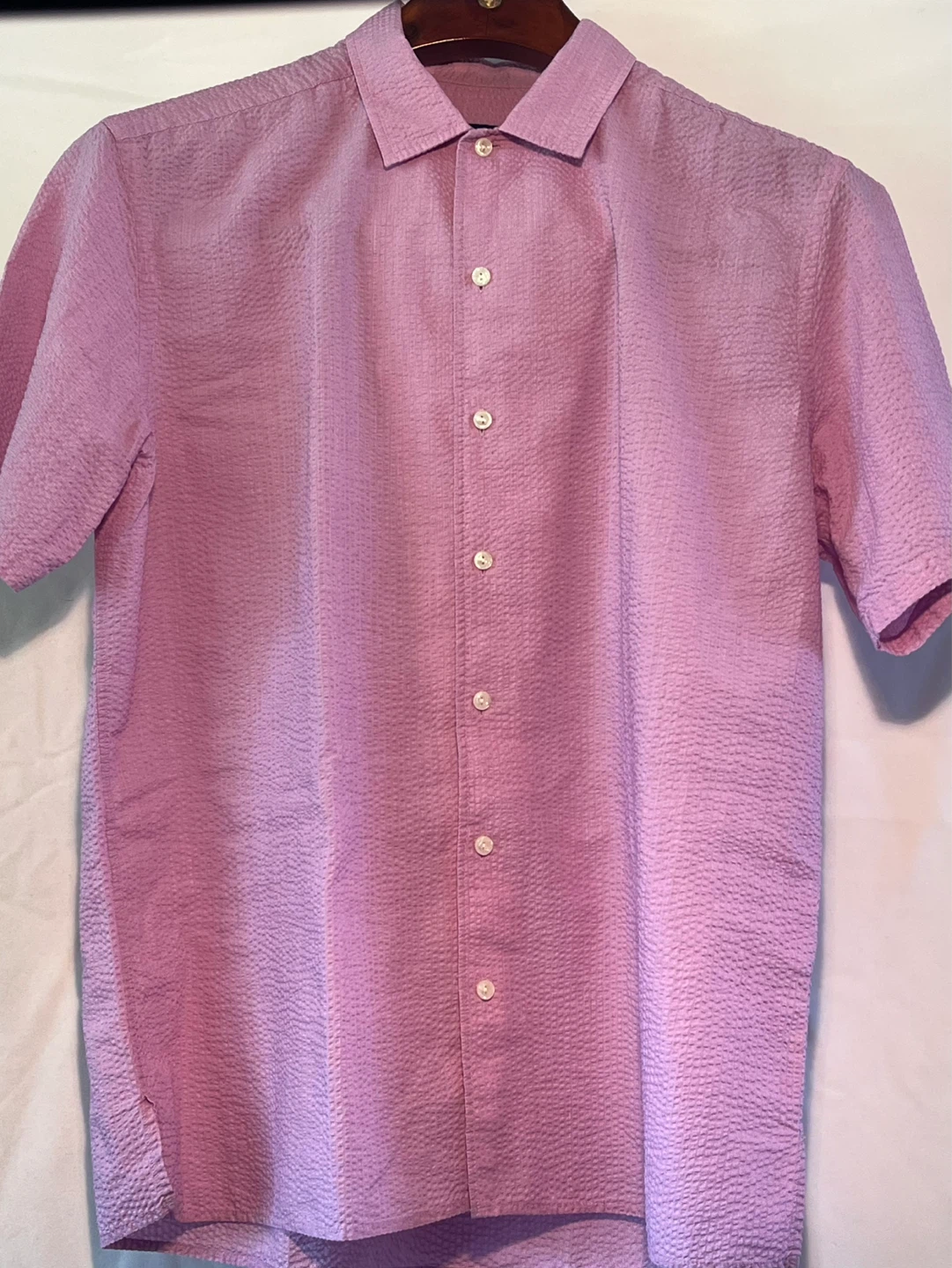 Men’s ETON Lilac Seersucker Cuban Collar Short Sleeve Shirt: L