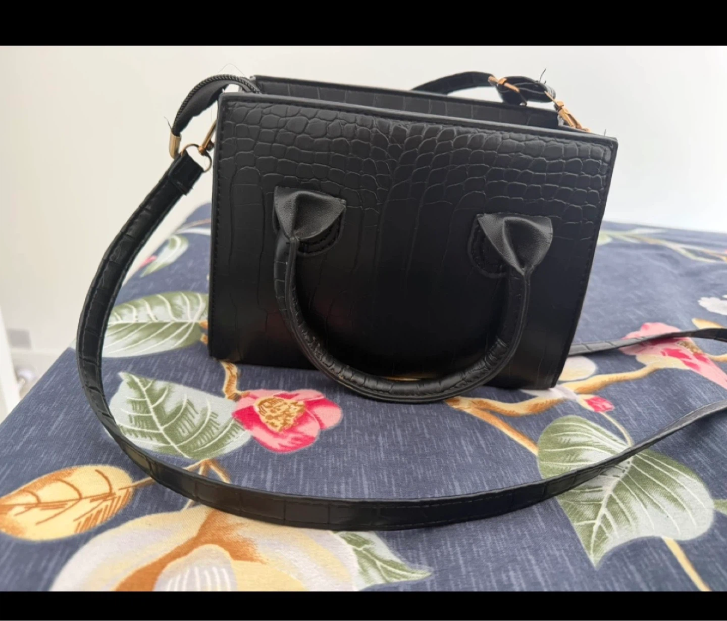 Black Croc-Embossed Mini Top Handle Bag