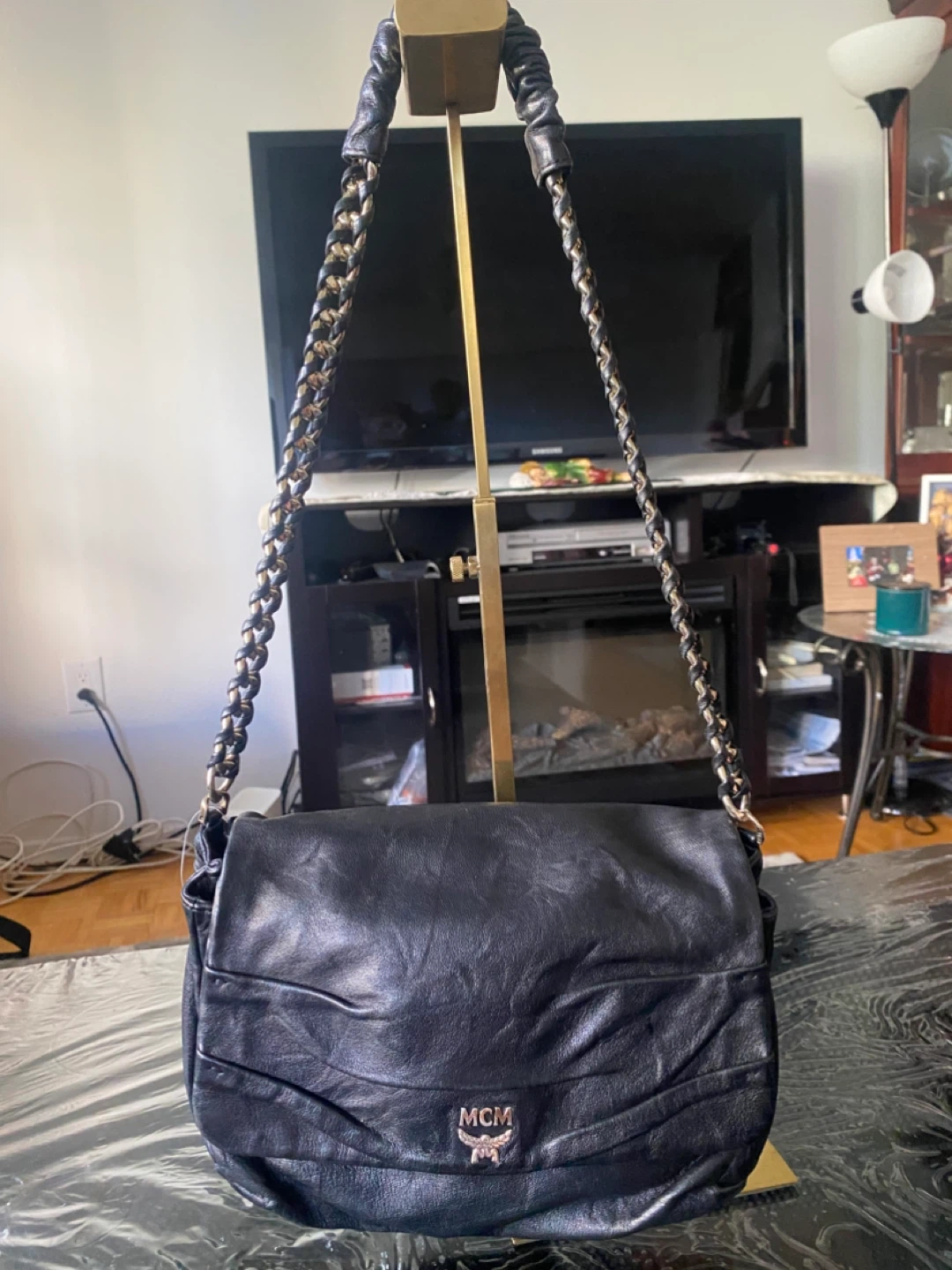 MCM Black Leather Shoulder Bag with Chain Strap