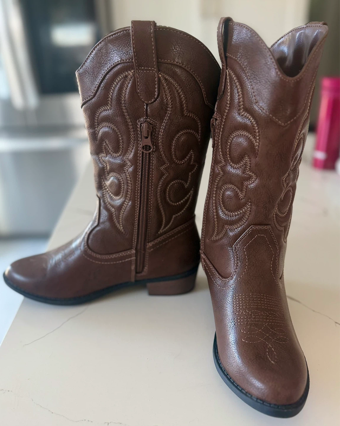 Brown Faux Leather Cowboy Boots with Zipper