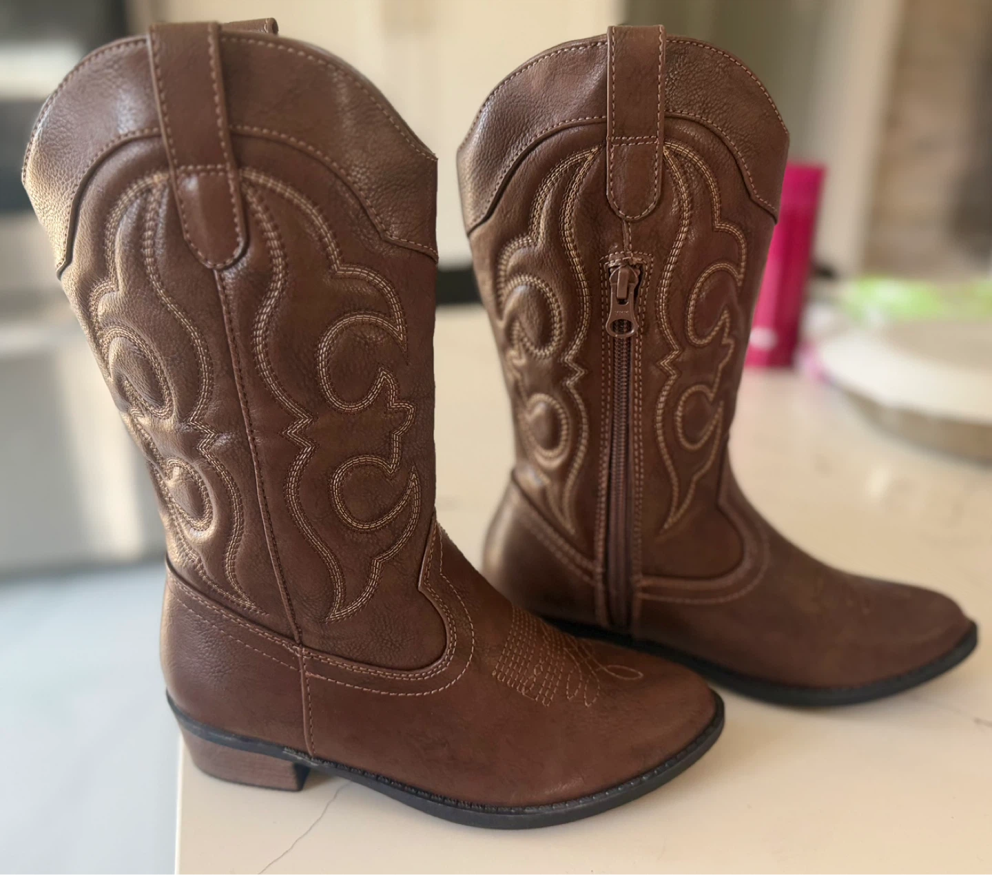 Brown Faux Leather Cowboy Boots with Zipper - photo 2