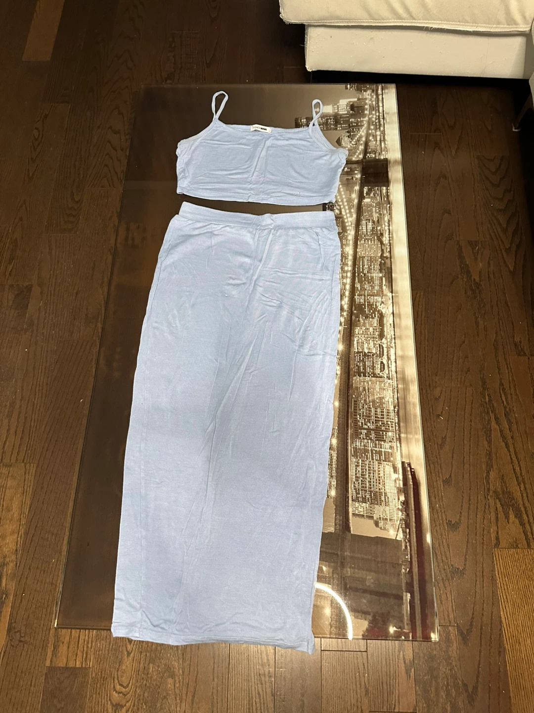 Light Blue Spaghetti Strap Crop Top and Maxi Skirt Set