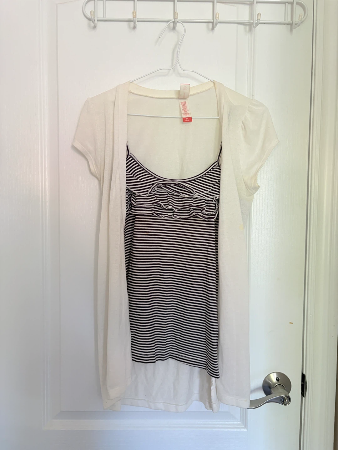 One piece White Cardigan with Striped Tank Top