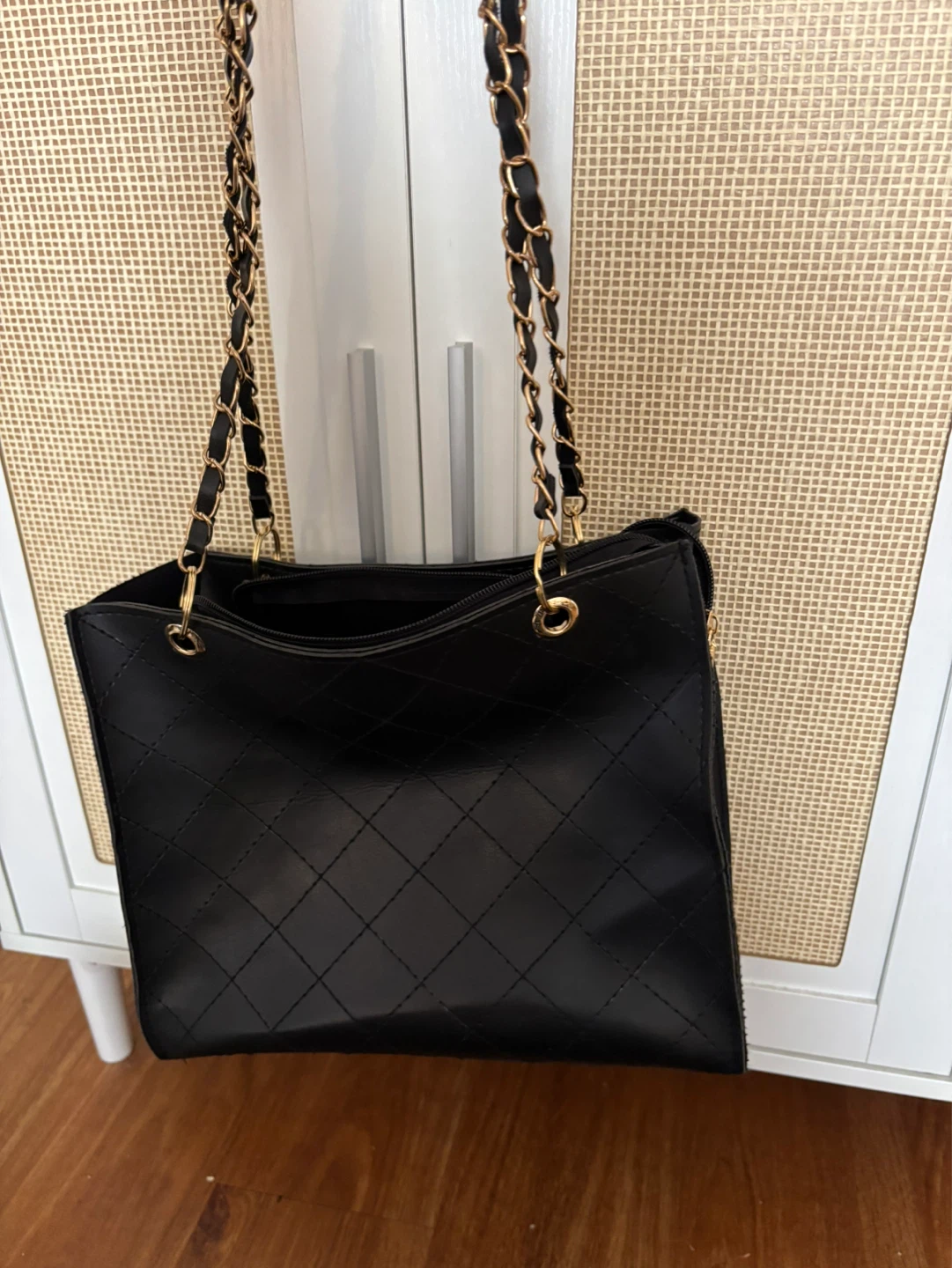 Black Quilted Tote Bag with Gold Chain Straps