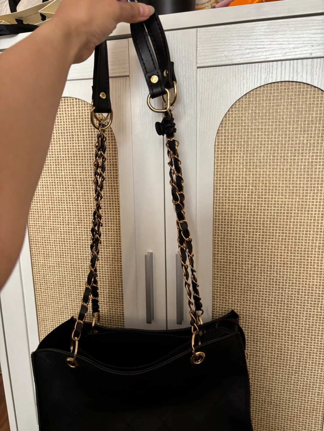 Black Quilted Tote Bag with Gold Chain Straps - photo 2