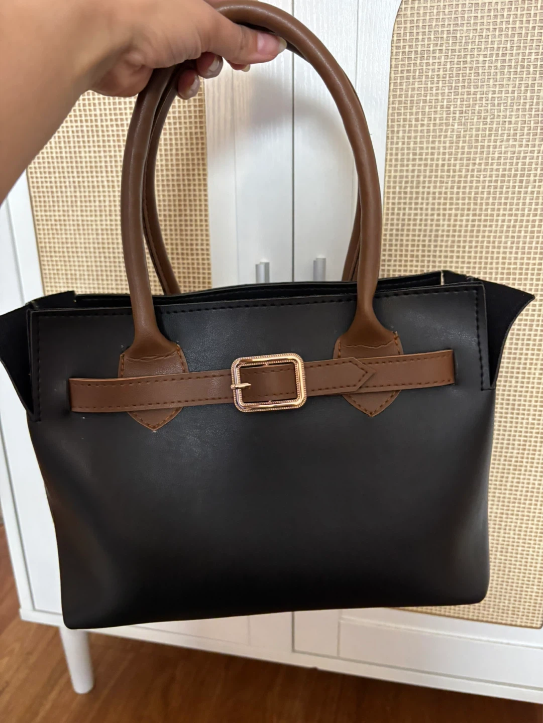 Black Satchel Handbag with Brown Straps