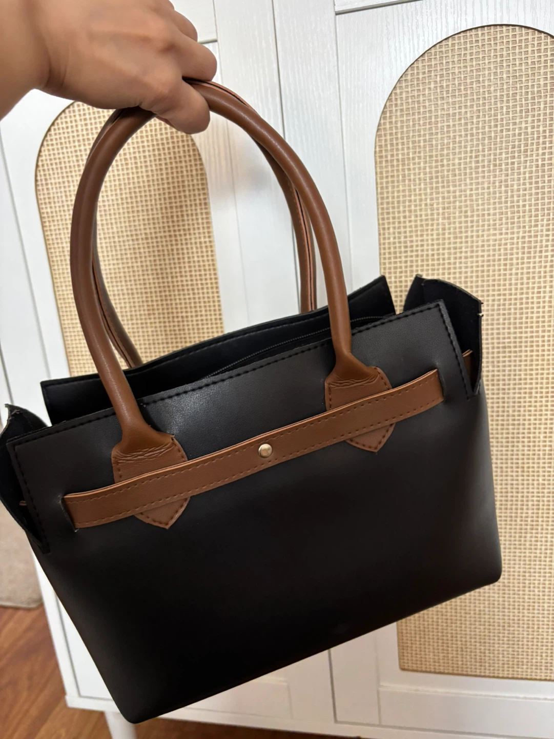 Black Satchel Handbag with Brown Straps - photo 3