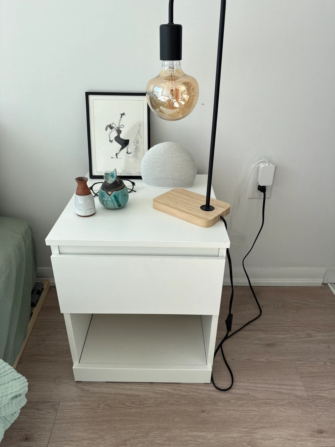 White Nightstand with Drawer and Shelf