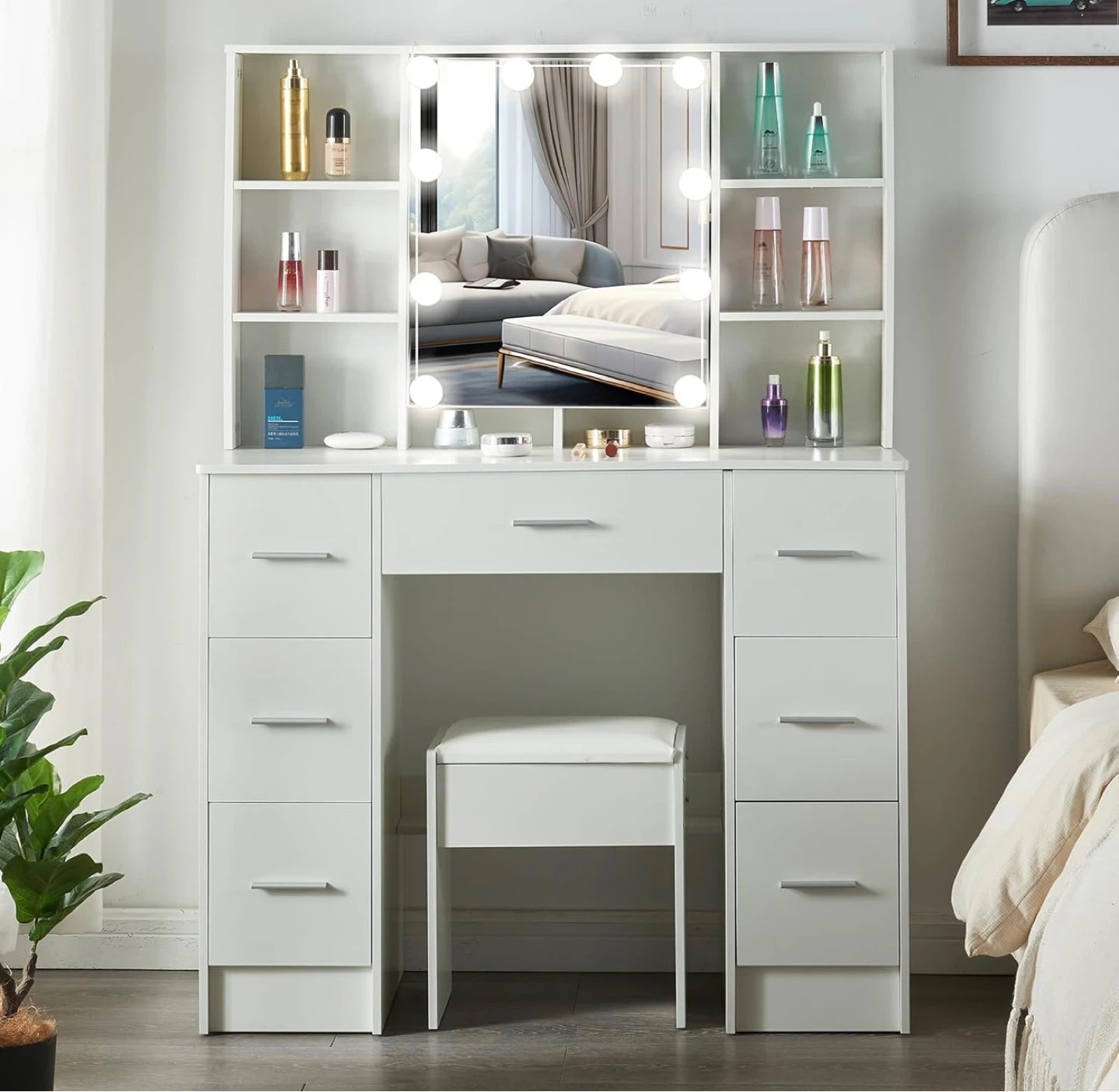 White Vanity Set with Lighted Mirror and Stool - photo 3
