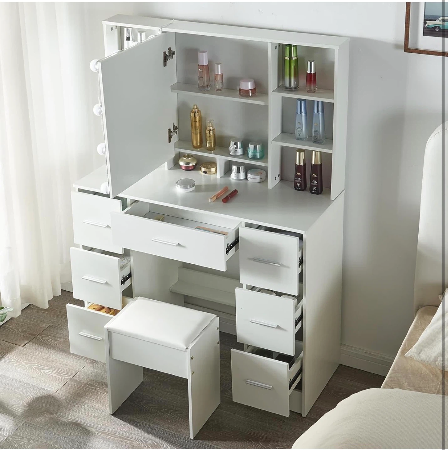 White Vanity Set with Lighted Mirror and Stool