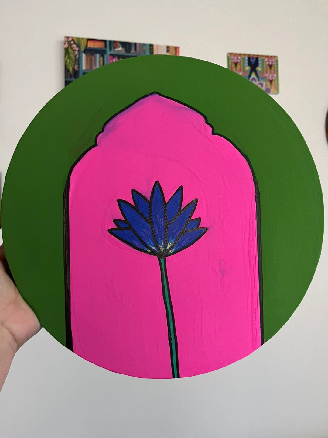 Blue Lotus Flower Painting on Round Canvas