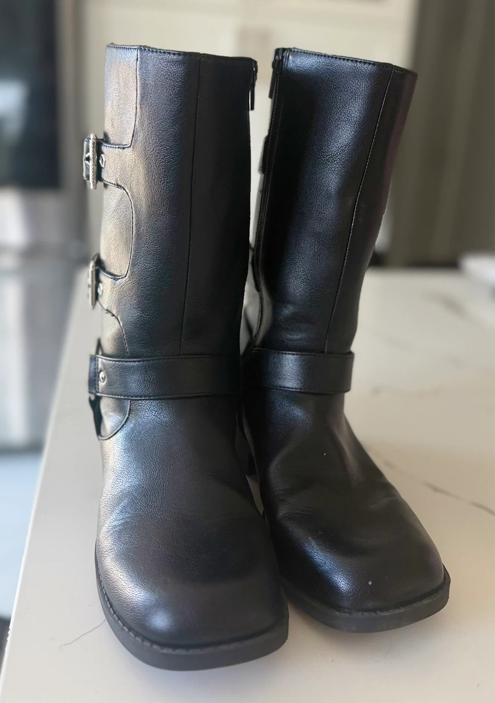 Black Faux Leather Biker Boots with Buckles - photo 2