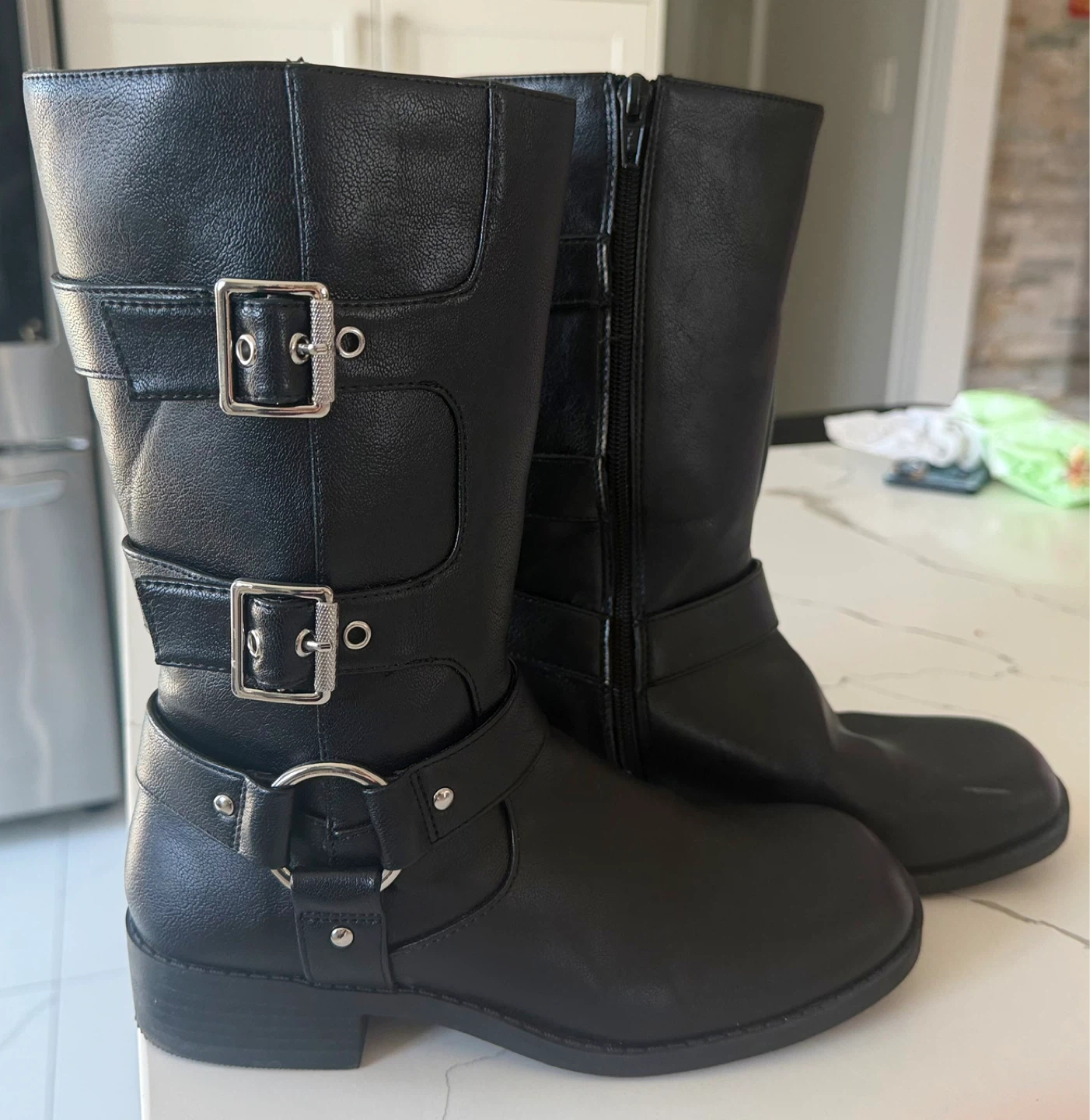 Black Faux Leather Biker Boots with Buckles