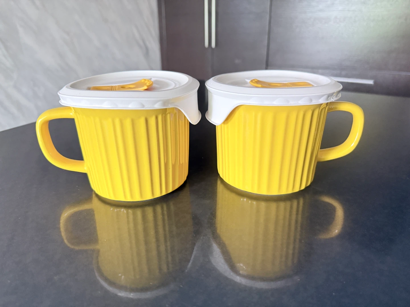 2 CorningWare Mugs yellow Large 20 oz Vented Lid Stoneware