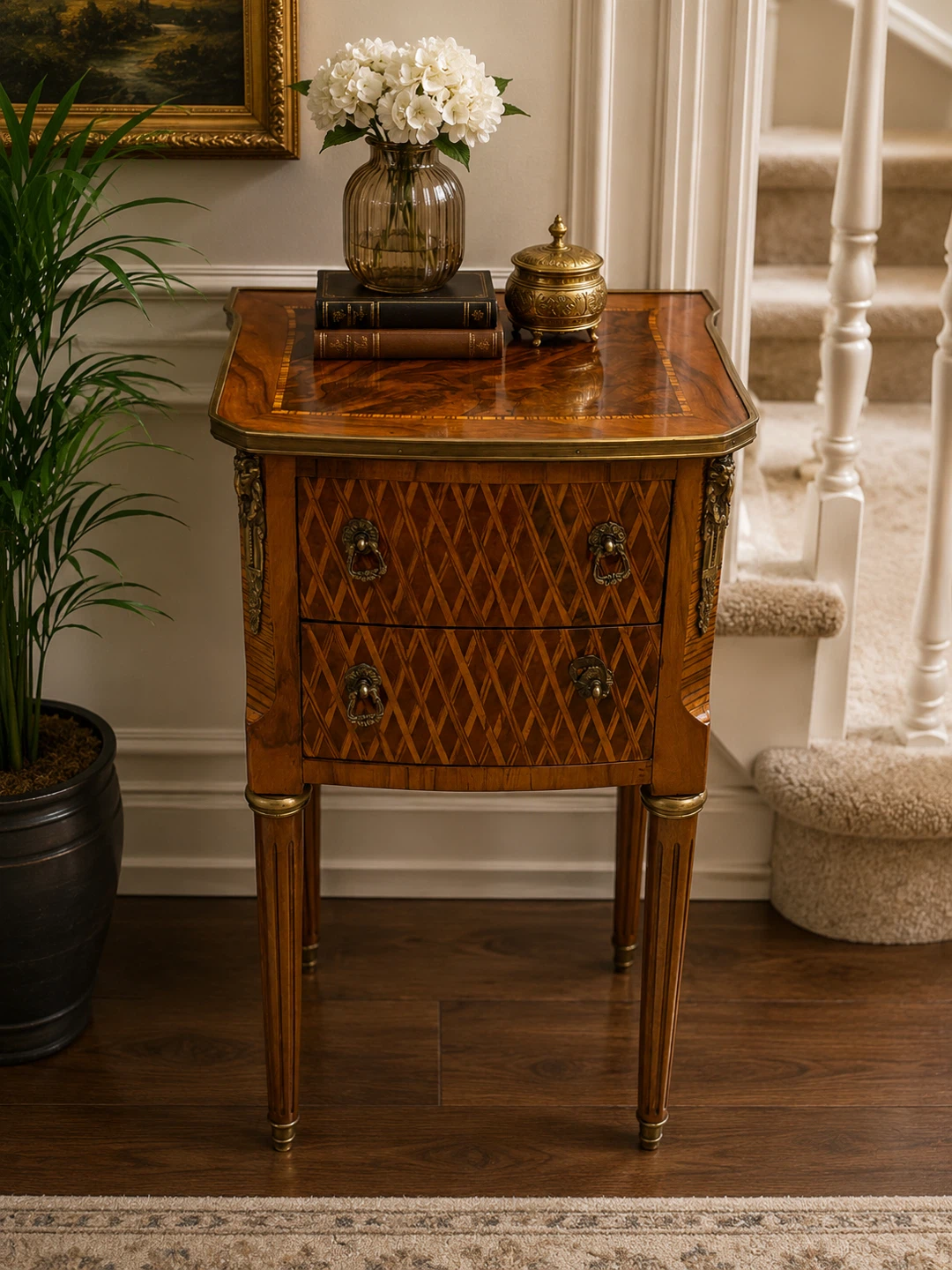 Antique Marquetry Nightstand with Brass Accents