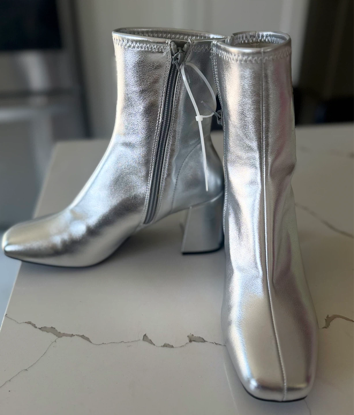 Silver Square Toe Heeled Boots