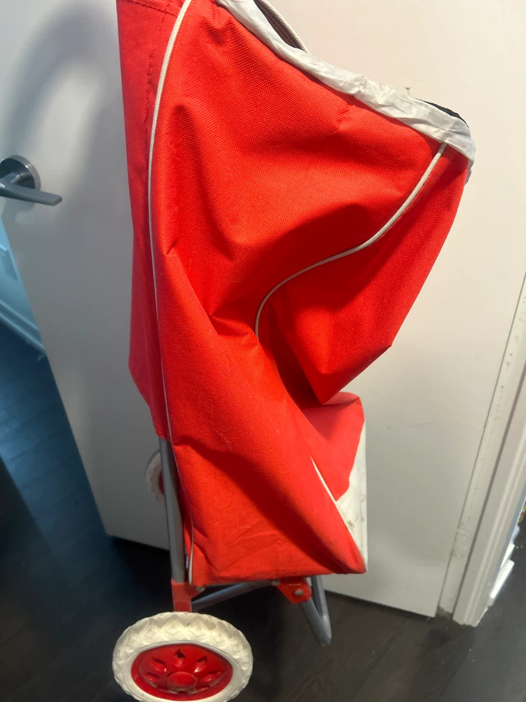 Red and White Rolling Shopping Cart
