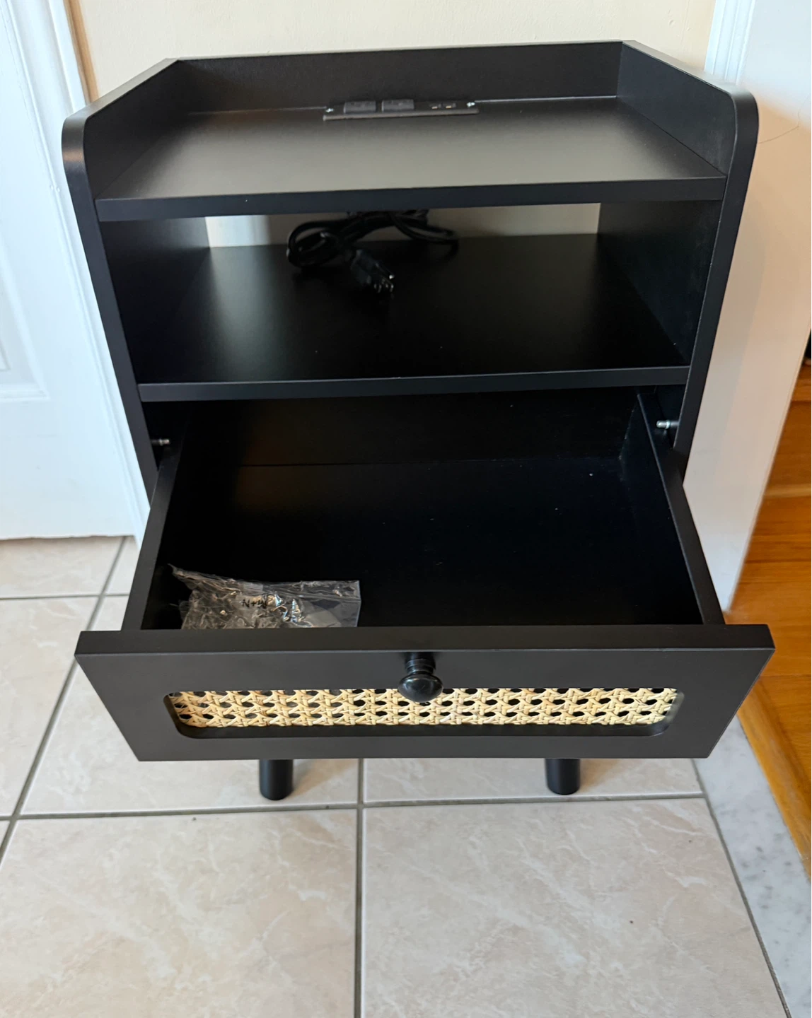 Black Nightstand with Built-in Outlet and Cane Drawer - photo 2