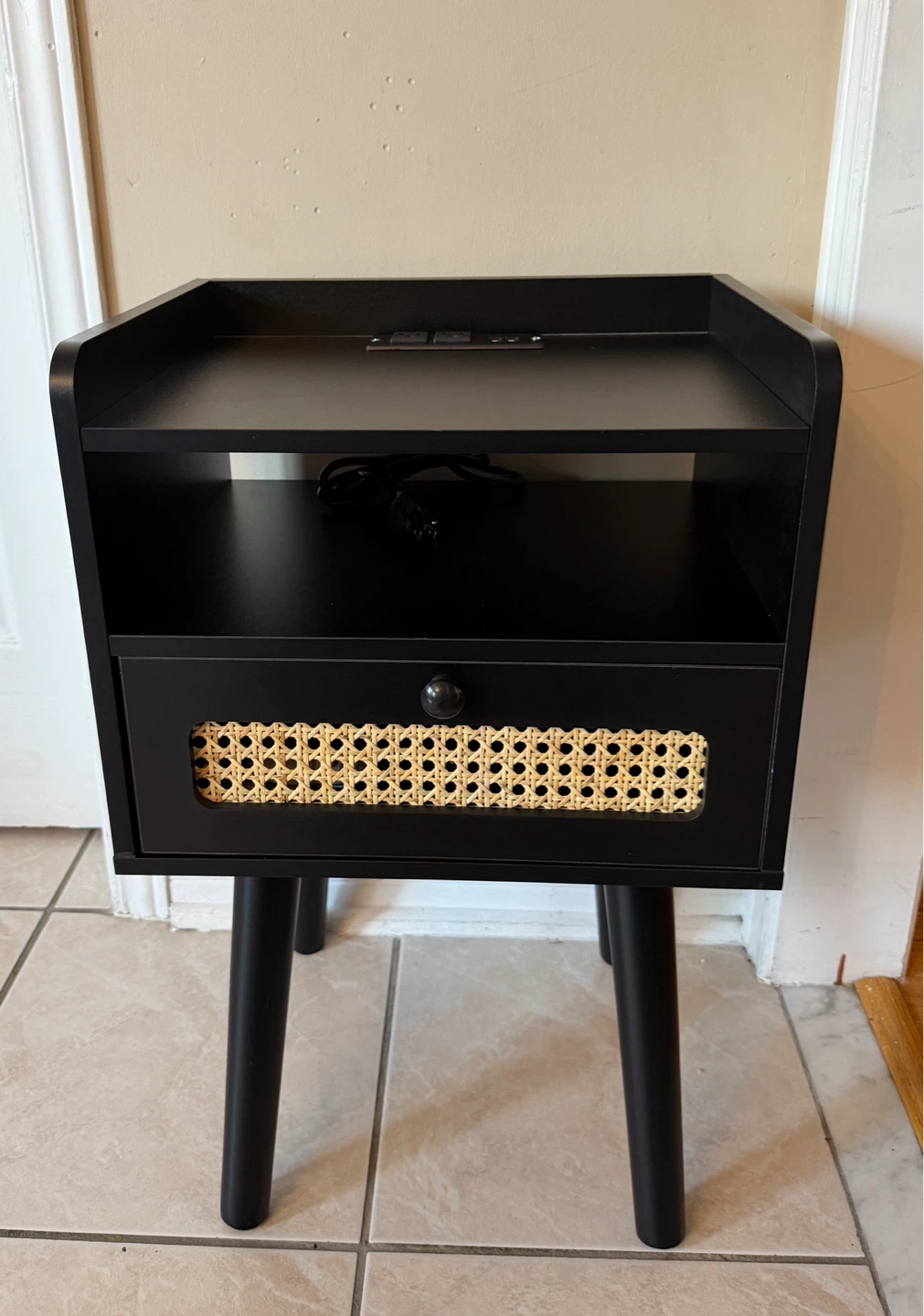 Black Nightstand with Built-in Outlet and Cane Drawer - photo 3
