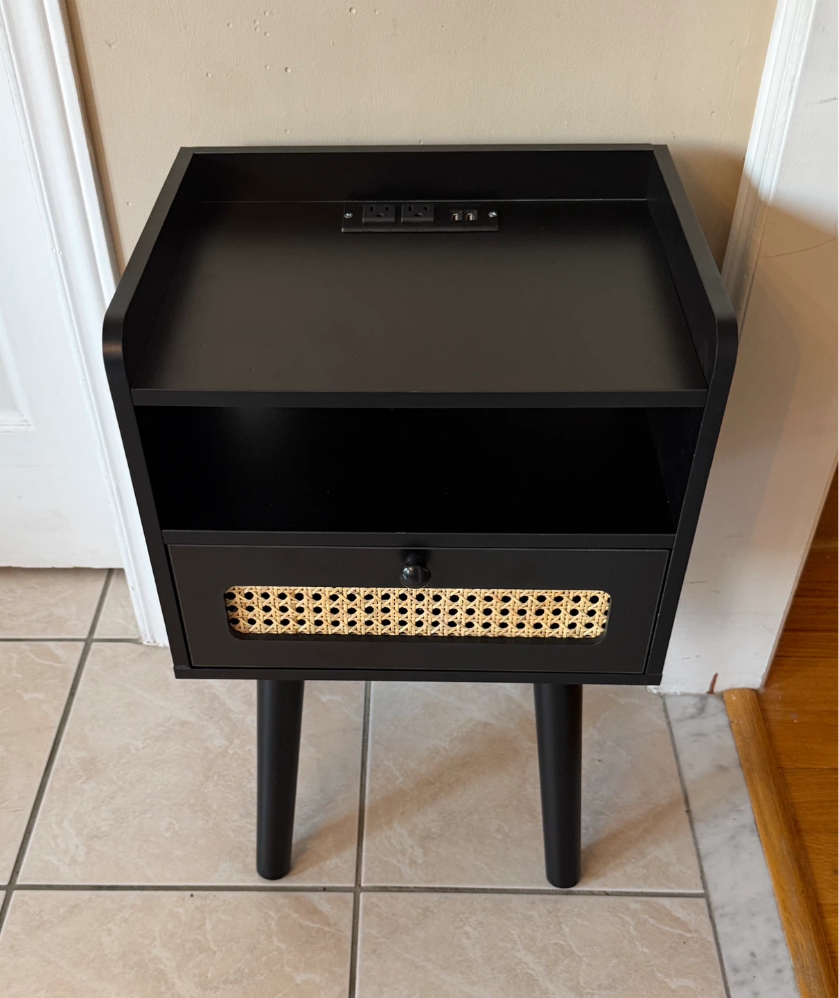 Black Nightstand with Built-in Outlet and Cane Drawer