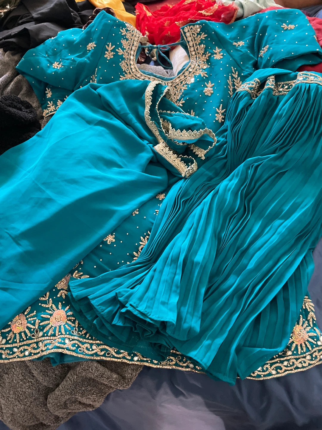 Teal Embroidered Sharara Set size 46