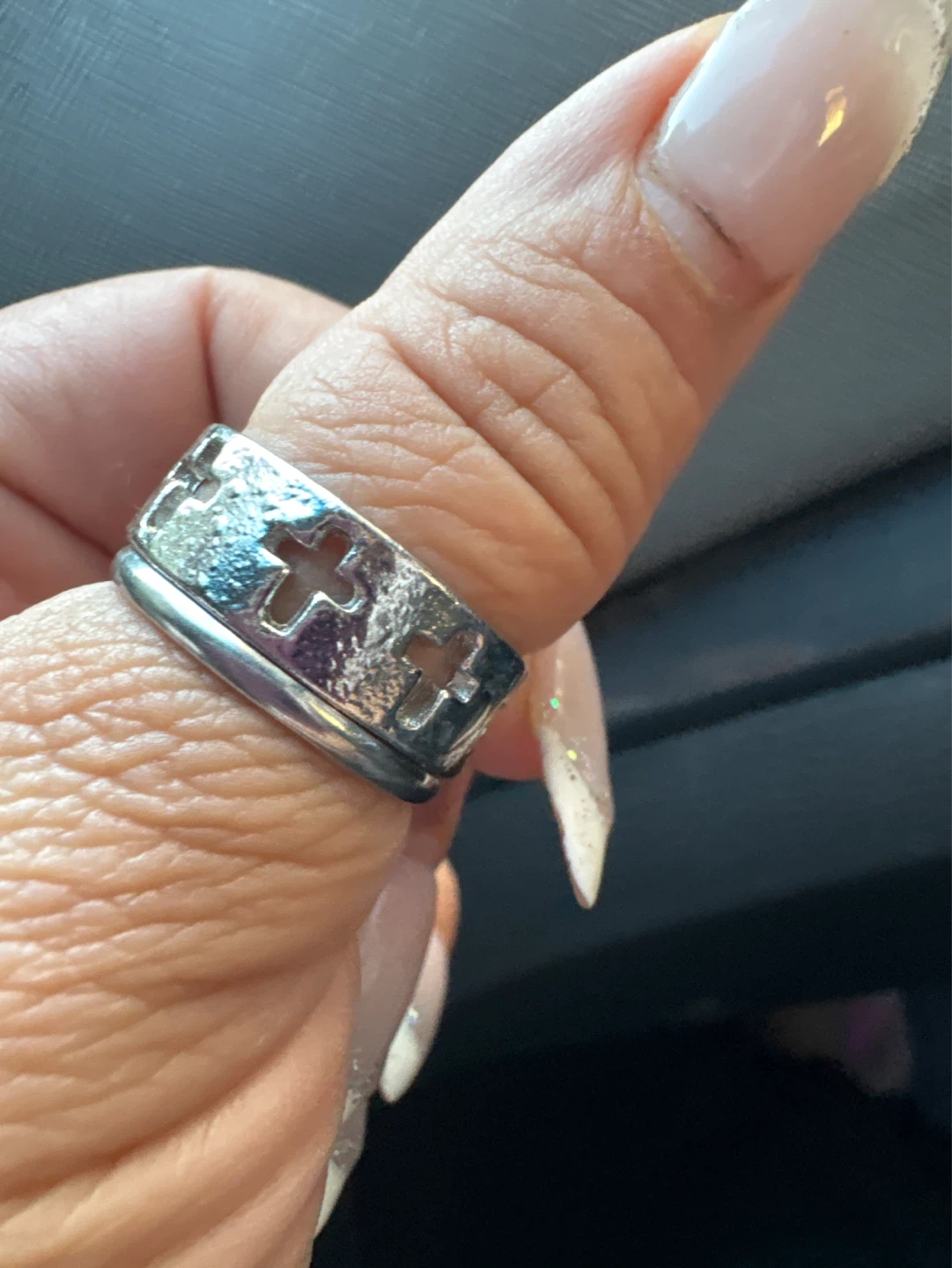 New Silver Tone Ring with Cut-Out Crosses