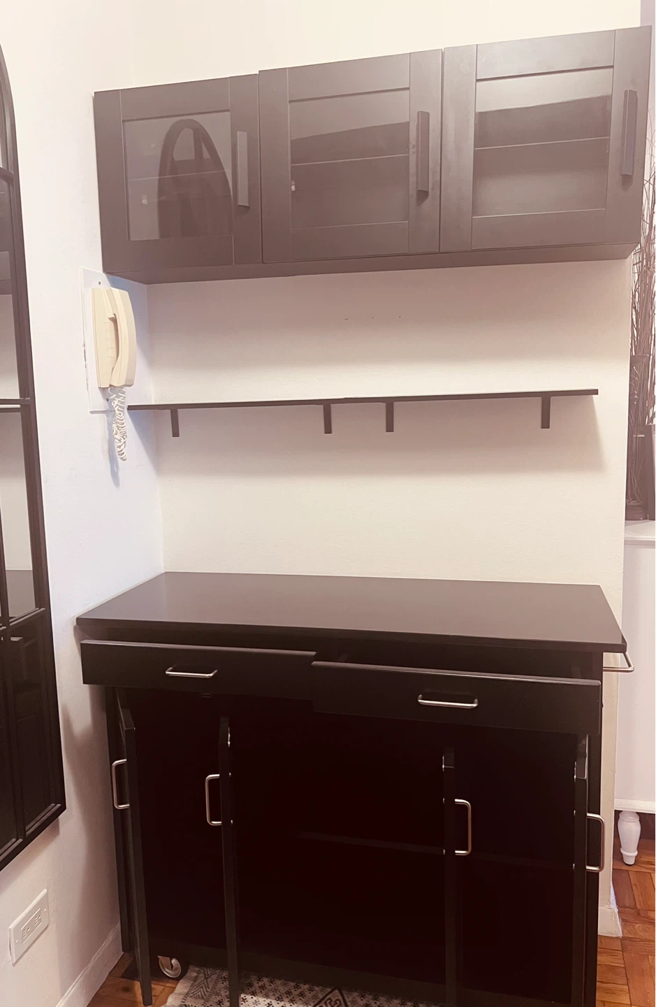 Black granite Kitchen Island with 3 hanging caninets