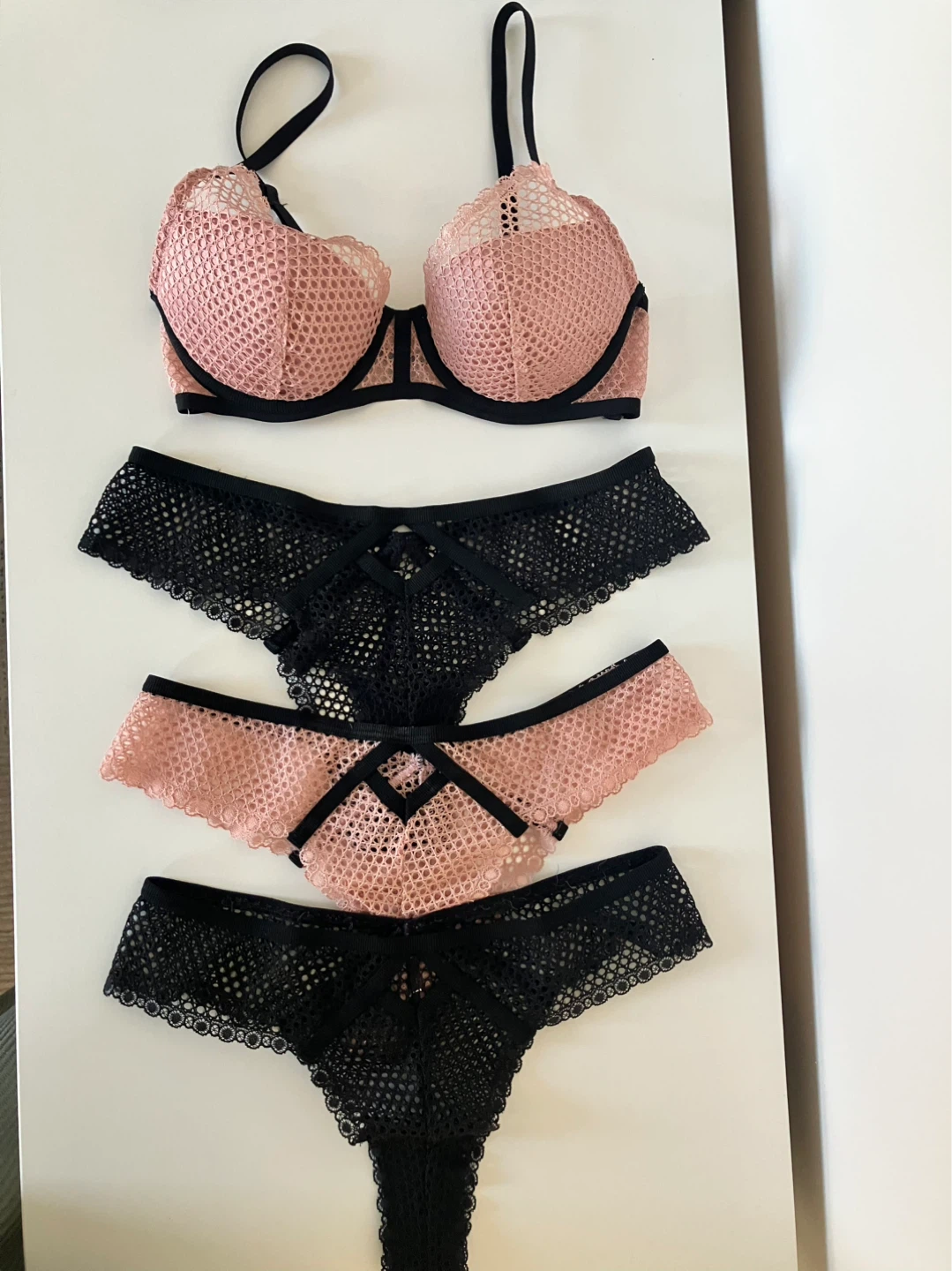 Victoria's Secret Pink & Black Mesh Lingerie Set 32C