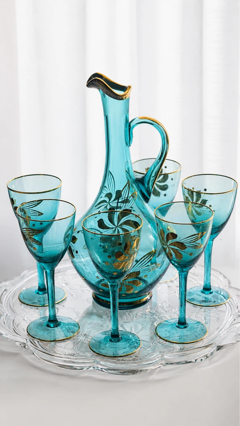 Vintage Turquoise Glass Decanter & Glasses Set – Hand Painted
