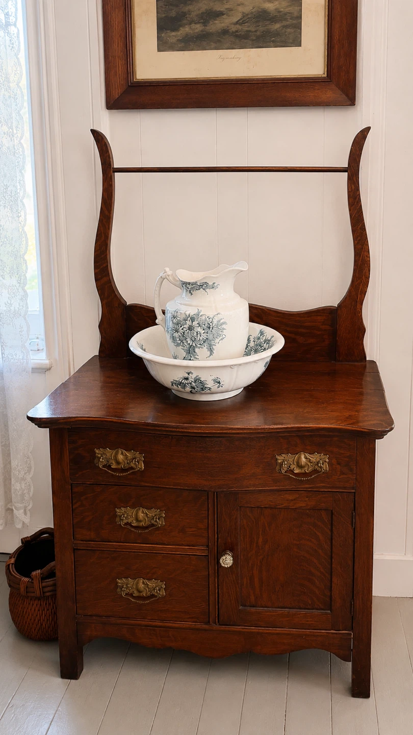 Antique Oak Washstand with Towel Rack