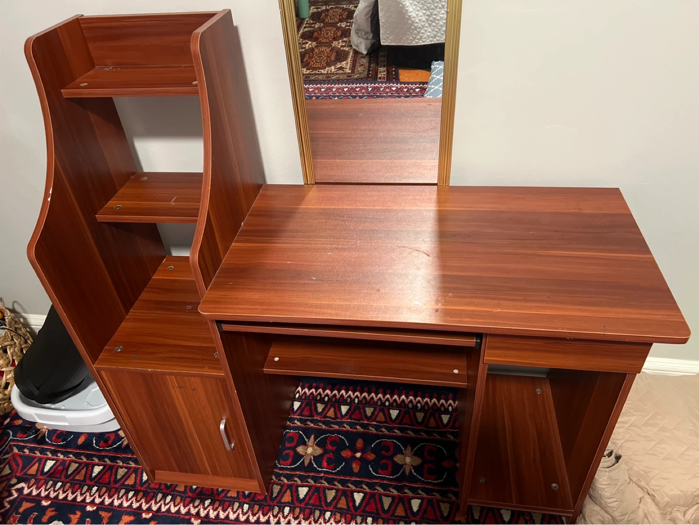 Wooden Desk with Shelving and Keyboard Tray