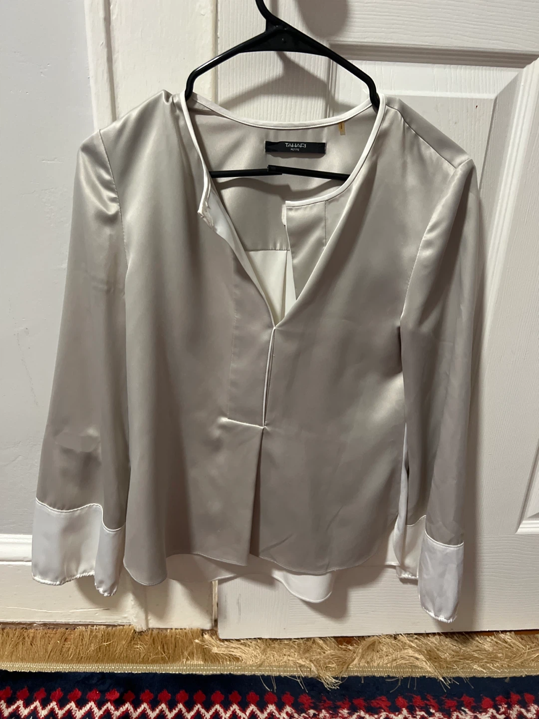 Tahari Silver Satin Long Sleeve Top