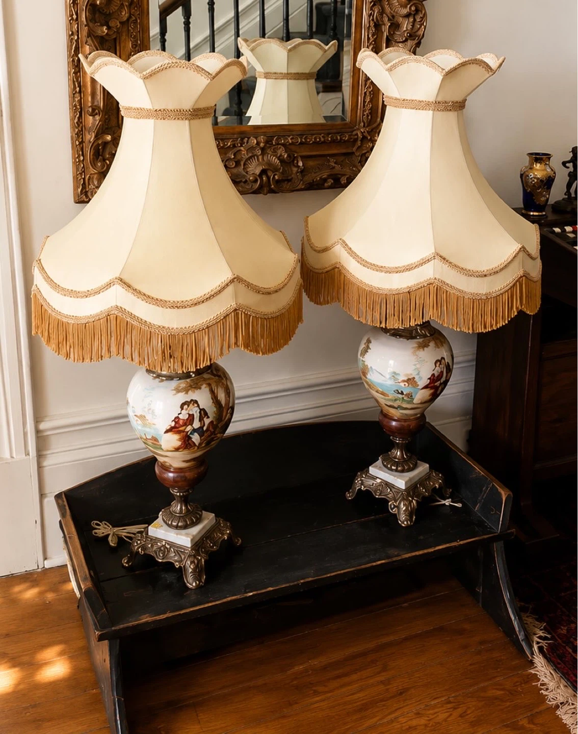 Pair of Vintage Table Lamps with Scenic Print Bases